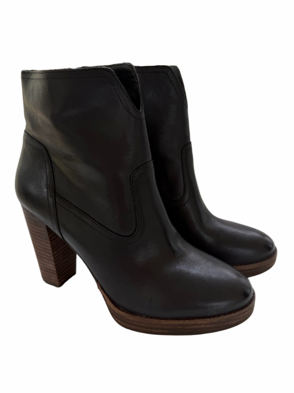 Lucky Brand Queys Platform Smooth Black Leather Size 9.5 Stacked Heel Ankle Boot
